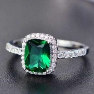 Women's 2 CT Silver Square Emerald Diamond Halo Silver Engagement Wedding Ring